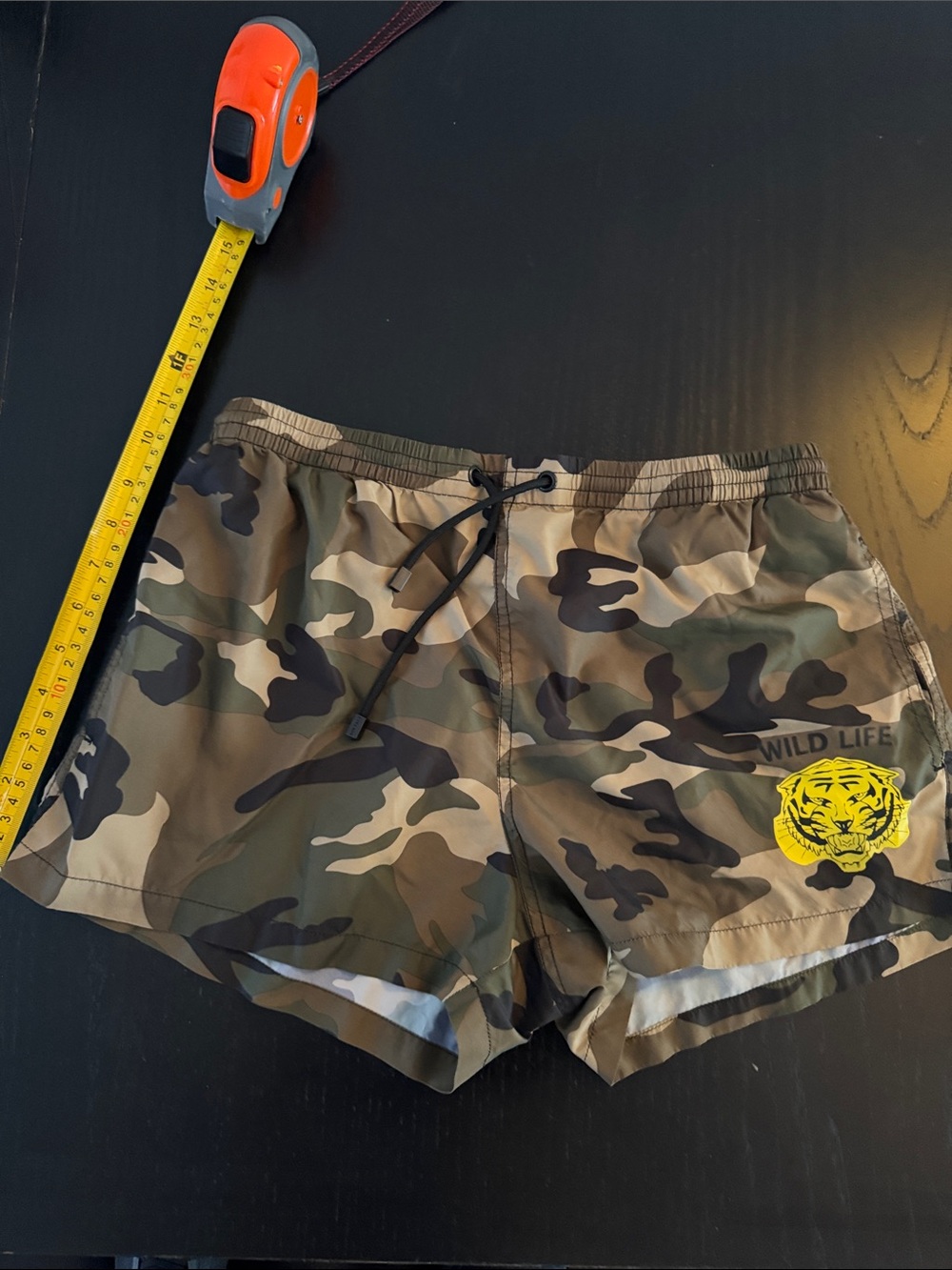 Zara Camo Swim Trunks with Yellow Tiger Patch size Large
